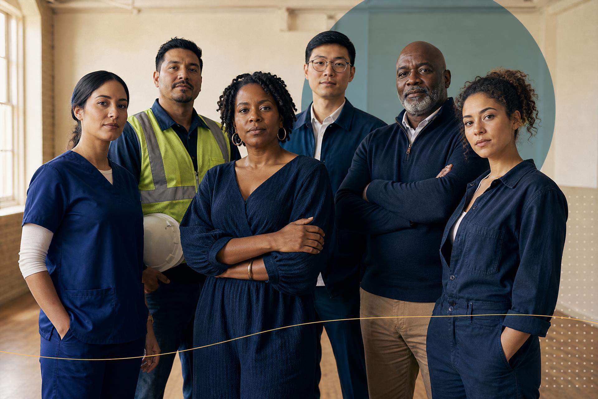 Diverse workforce cohort standing together in a warm ivory-walled community center: healthcare worker, tradesperson, entrepreneur, technologist, mentor, and apprentice